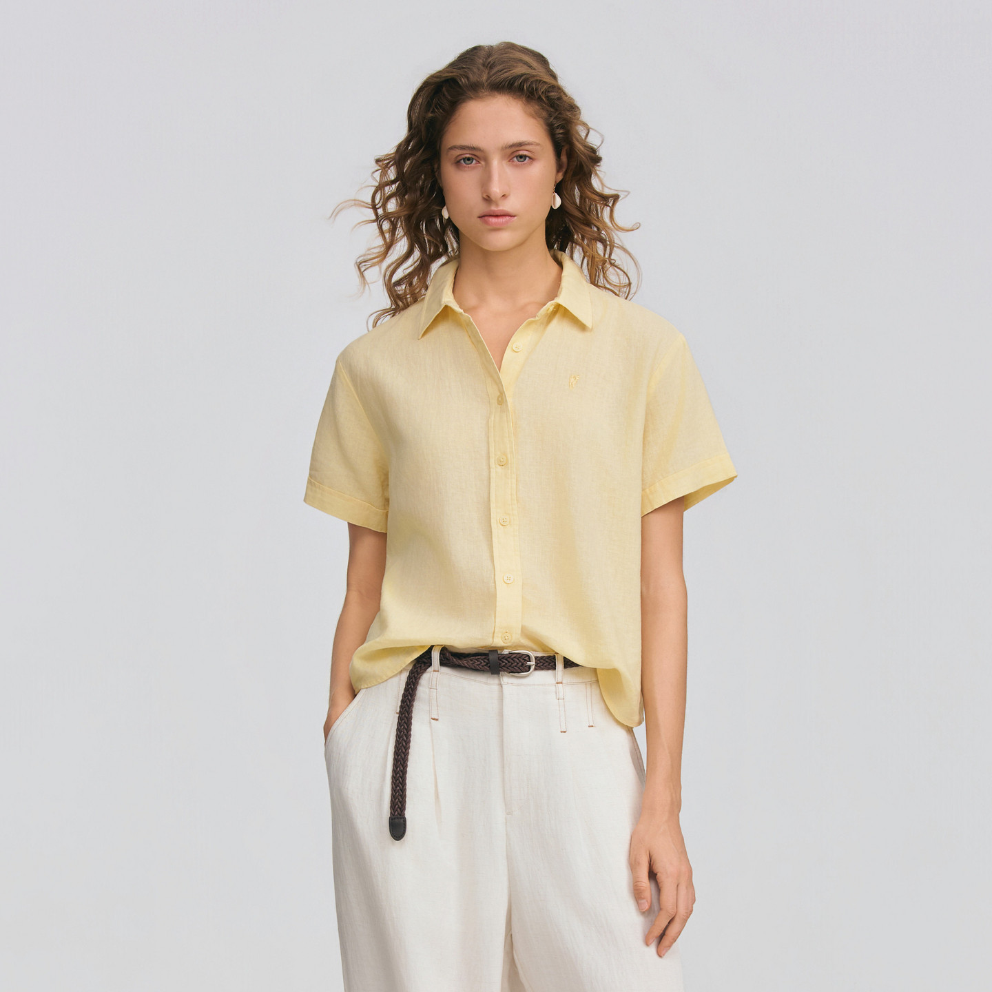 POLOWALK女士短袖衬衫2026夏季新款休闲通勤百搭短袖亚麻混纺衬衫