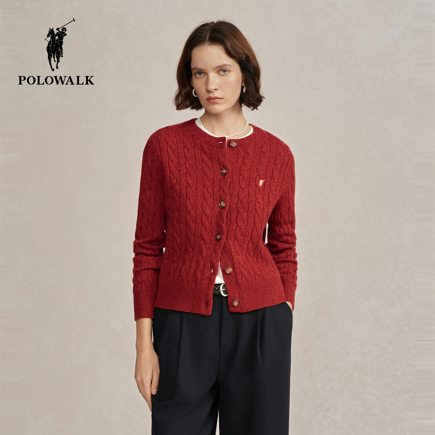 POLOWALK女士绞花圆领羊毛衫