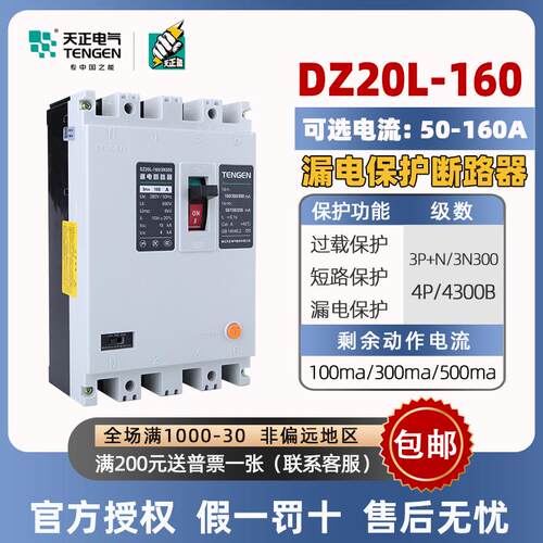 天正DZ20L-160/3N300漏电保护塑壳断路器100 125 160A空气开关
