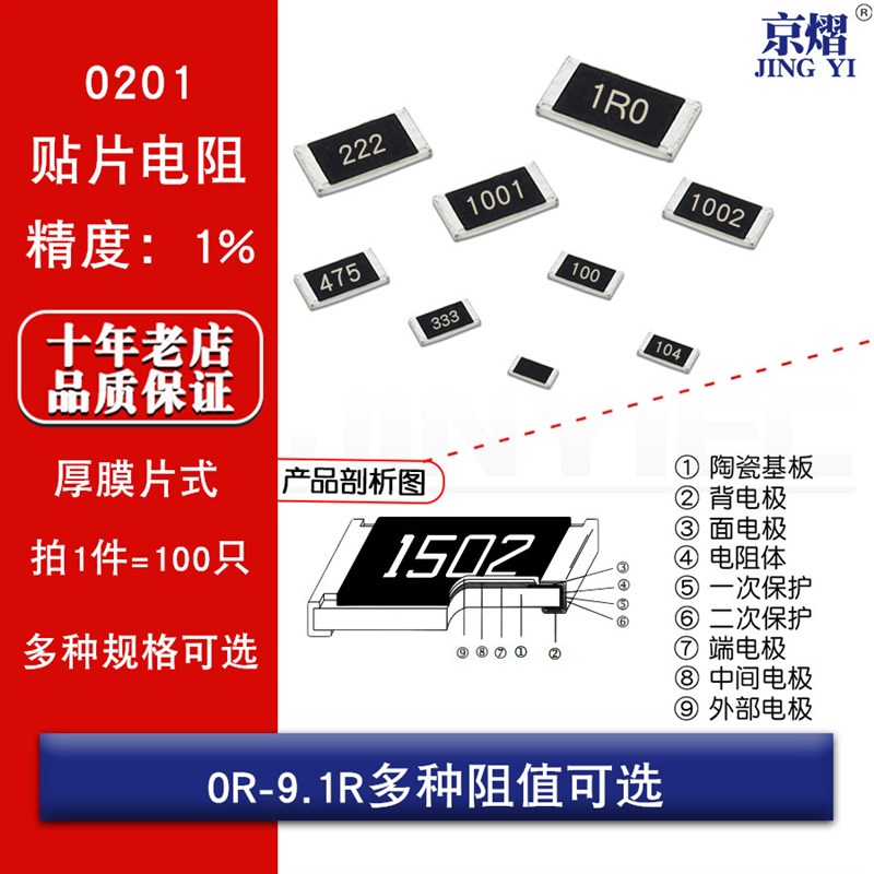 0201贴片电阻1% 0R 1R 1.3R 1.8R 2R 3R 4.7R 6.2R 8.2R 9.1R