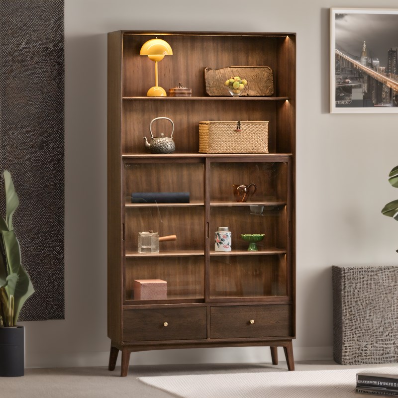 现代新中式柜子乌金木色实木酒柜家用玻璃门N展示柜装饰柜带感应