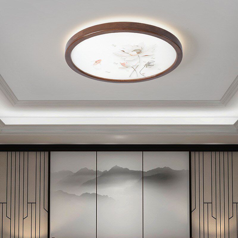 简约新中式木艺卧室控制灯胡桃木色禅意吸K顶灯荷花圆形北欧书房