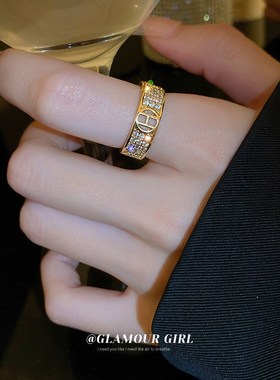 真金电镀锆石字母H开口戒指 时尚通勤个I性食指戒轻奢高级感手饰