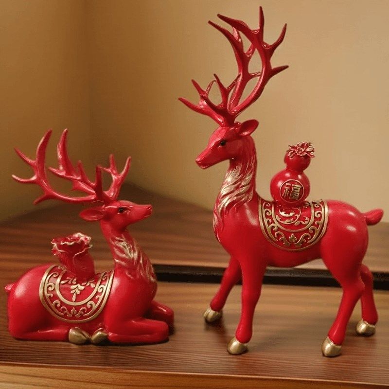新款大号对鹿白菜鹿葫芦鹿高档中式梅花鹿摆件装饰品玄关酒柜客厅