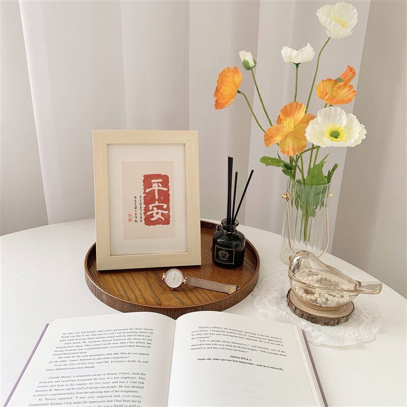 7寸原木色简约相框摆件 实木喜庆文字卧室装饰拍照道具桌面画框