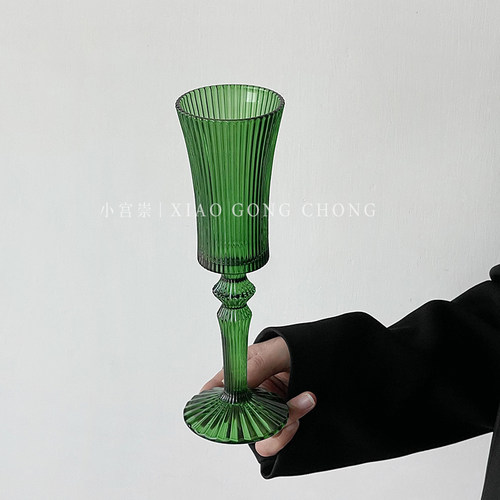 小众中古绿色条纹高脚杯ins风法式香槟杯高颜值玻璃杯葡萄酒杯子