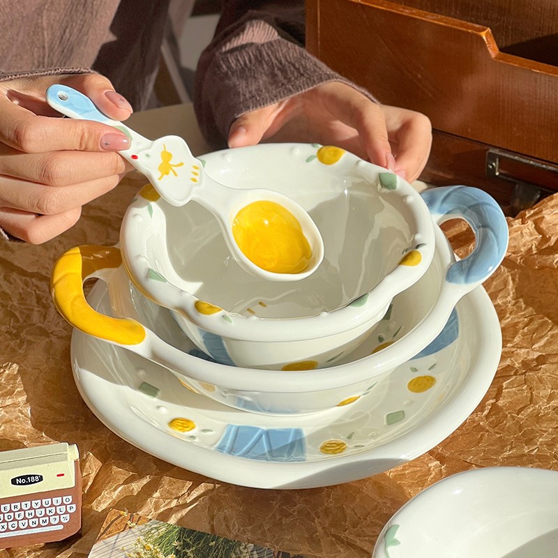 浮雕小飞鸽餐具小碗家用可爱陶瓷盘子儿童饭碗创意高颜值双耳碗碟