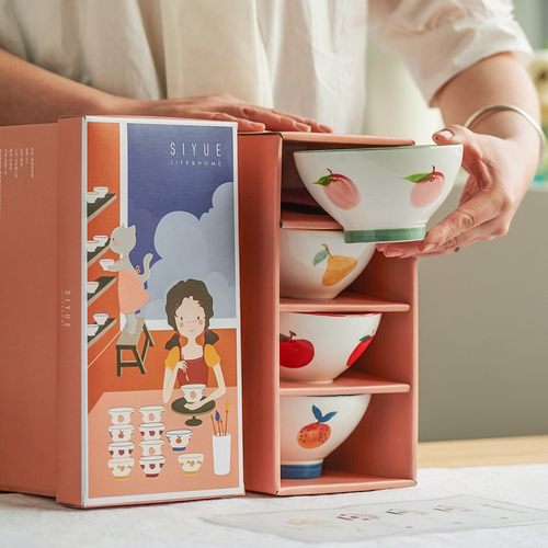 餐具礼盒亲子碗一家四口家用家庭套装米饭吃饭碗好看漂亮瓷碗可爱