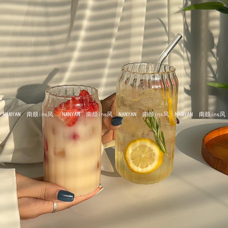 小众ins复古耐热竖条纹易拉罐玻璃杯冰美式拿铁咖啡杯饮品杯冷饮