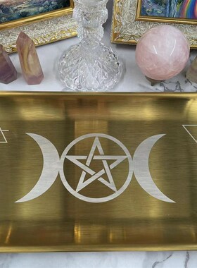 五芒星三相月地水火o风四元素月亮不锈钢金属蜡烛台摆件水晶托盘