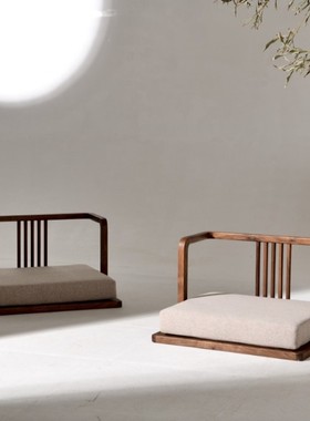 新中式榻榻米靠背椅黑胡桃木实木床上席地榫卯靠U背无腿飘窗座椅