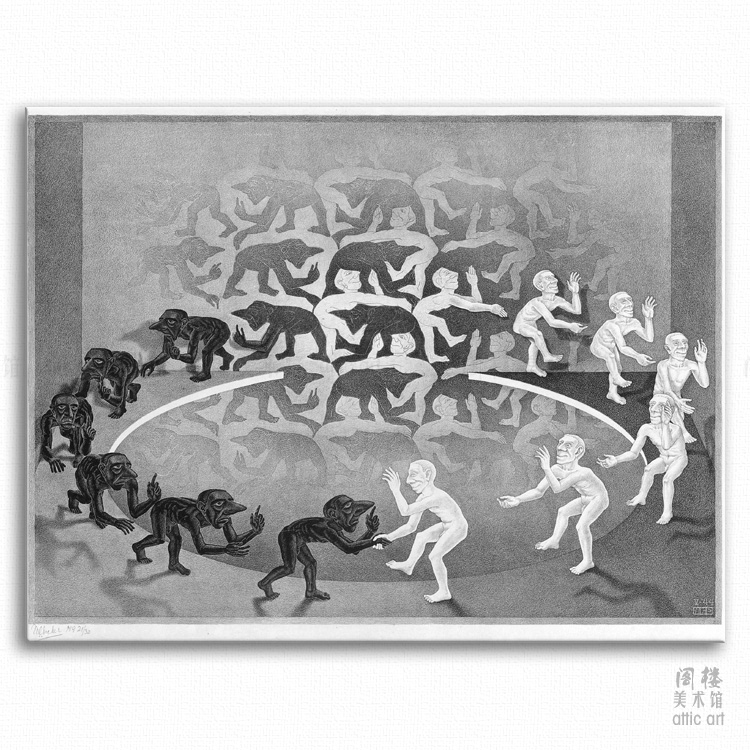 相遇 Escher 埃舍尔 视错觉版G画装饰画无框有框客厅书房酒吧图片