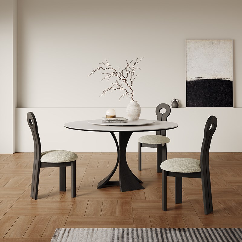 纯白岩板餐桌f法式复古进口轻奢现代1.5米圆桌意式6人圆形实木餐