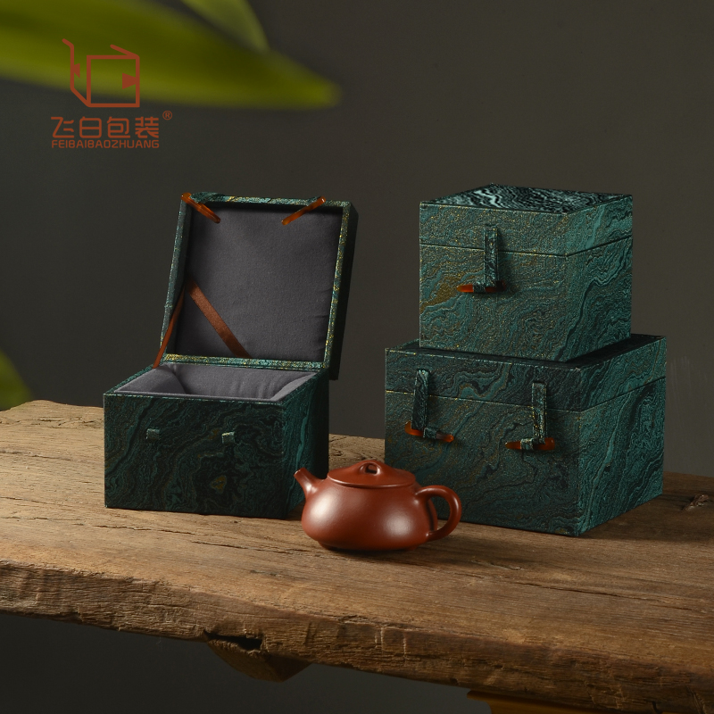 石纹绿布骨针布盒建盏单杯锦盒主人杯通用包装盒R茶杯茶壶简约复