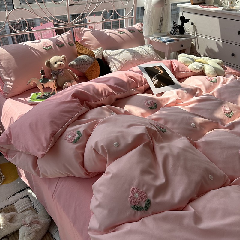 文艺少女心四件套纯色水洗棉小清新可爱款被套三件套W裸睡床品床