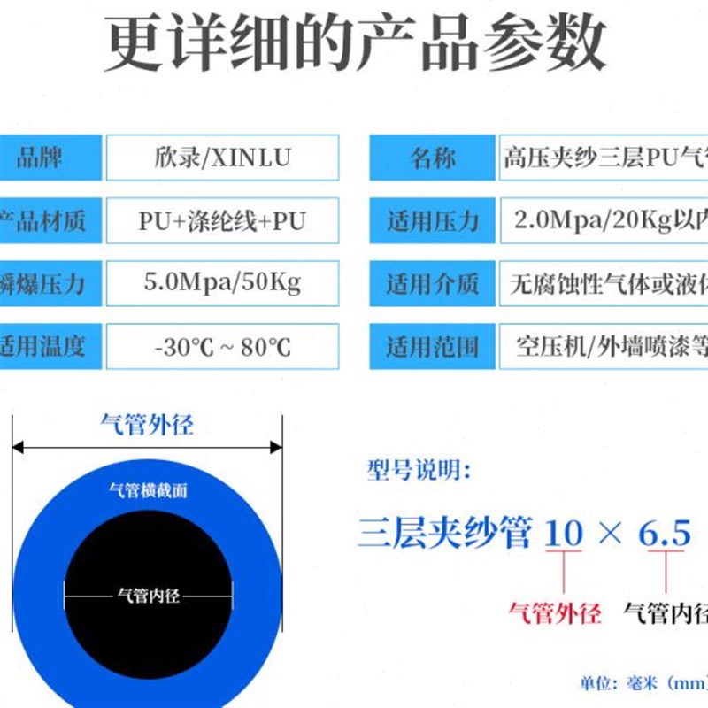 PU气管b夹纱管压包纱软管空压机气管8x5mm10x6.5 12x8耐压20公斤