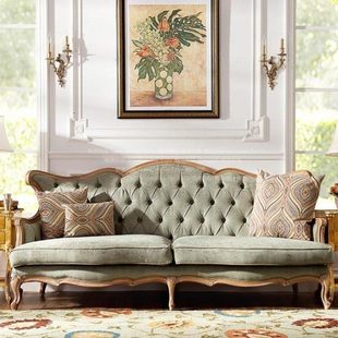 欧式新古典雕花布艺实木三人沙发 法式复古拉扣麻布会所沙发