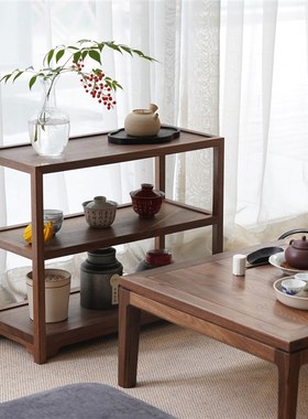 白驹格物新d中式实木桌面瓷器架双层置物架黑胡桃木茶室家具收纳