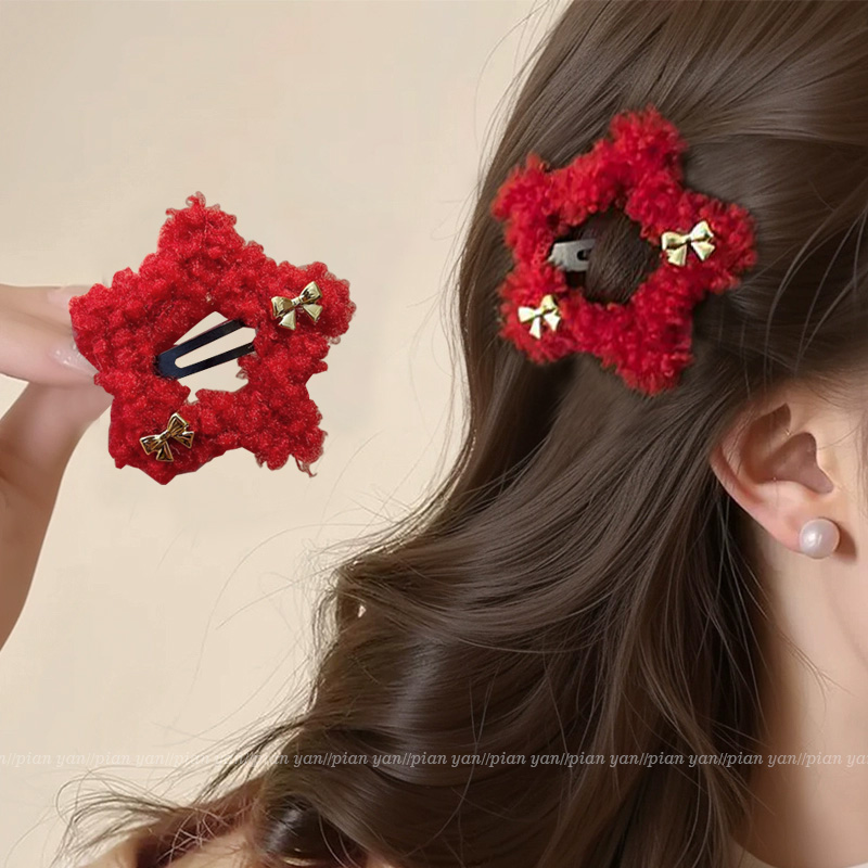 红色毛绒星星发夹女前额边夹侧边