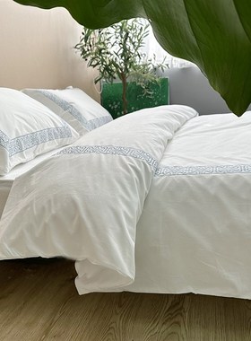 进店福利款 全棉白色s床品四件套 重工刺绣被套枕套床单