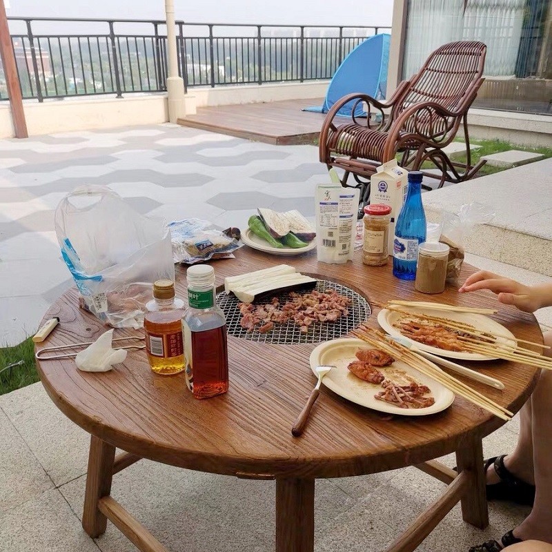 户外围炉煮茶桌烤肉方桌榆u木复古圆形实木火锅桌子电磁炉一体商