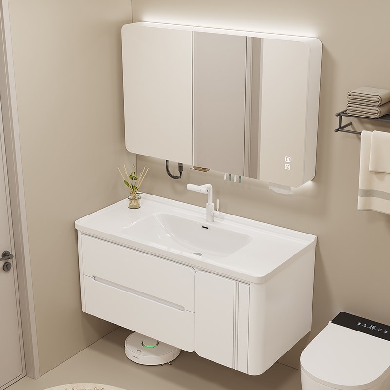 陶瓷一体盆法式圆l弧奶油风实木烤漆浴室柜组合卫生间洗手盆洗漱