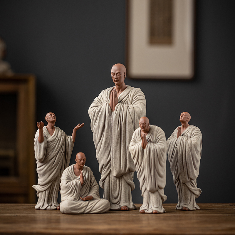 新中式手工紫砂小和尚摆件创意陶C瓷人物小沙弥家居客厅禅意装饰