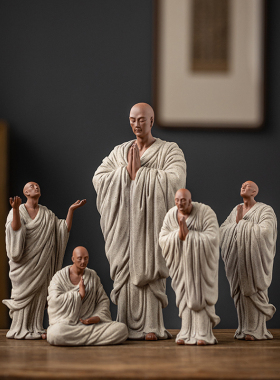 新中式手工紫砂小和尚摆件创意陶C瓷人物小沙弥家居客厅禅意装饰