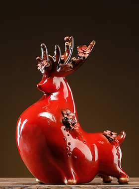 国潮手工陶瓷招财梅花鹿桌面摆件家居客厅玄关工艺品麋Z鹿装饰礼