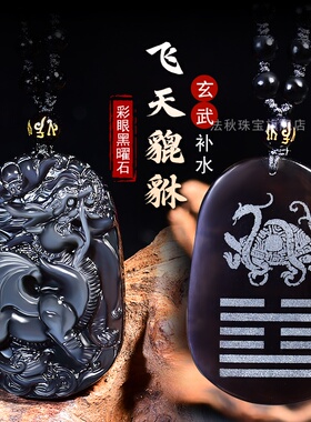 天然冰彩黑曜石貔貅吊坠项链飞天吊坠男皮丘挂件挂坠饰品礼物