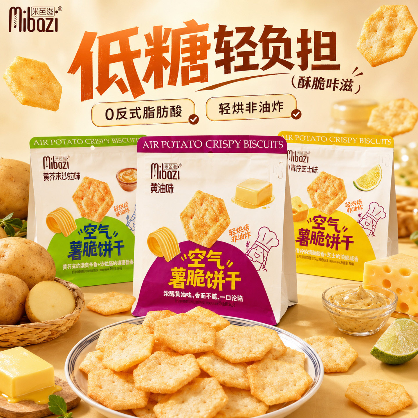 空气薯脆饼干黄芥末沙拉非油炸薄脆薯片黄油芝士追剧开袋即食零食