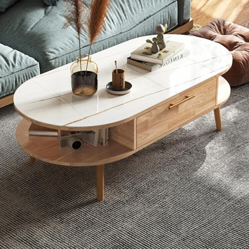 实木客厅c椭圆形茶几组合电视柜简约小户型大理石玻璃岩板纹泡茶