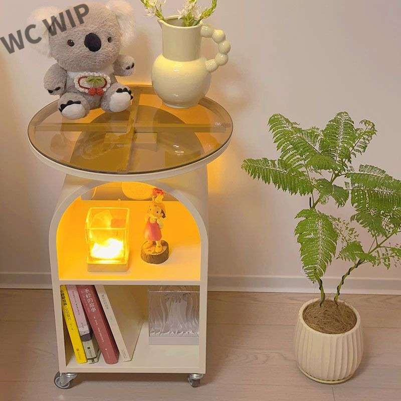 奶油风沙发圆形玻璃边几现代创意客厅茶几卧室床头柜小桌子可l3y