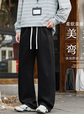 啄木鸟集团官方美式宽松直筒休闲裤男抽绳弯刀裤黑色长裤子潮牌TZ