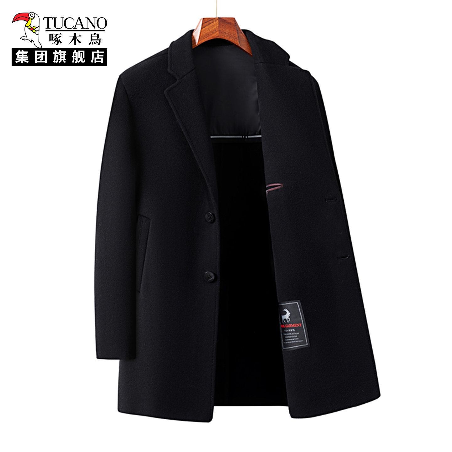 啄木鸟黑色中长款毛呢大衣