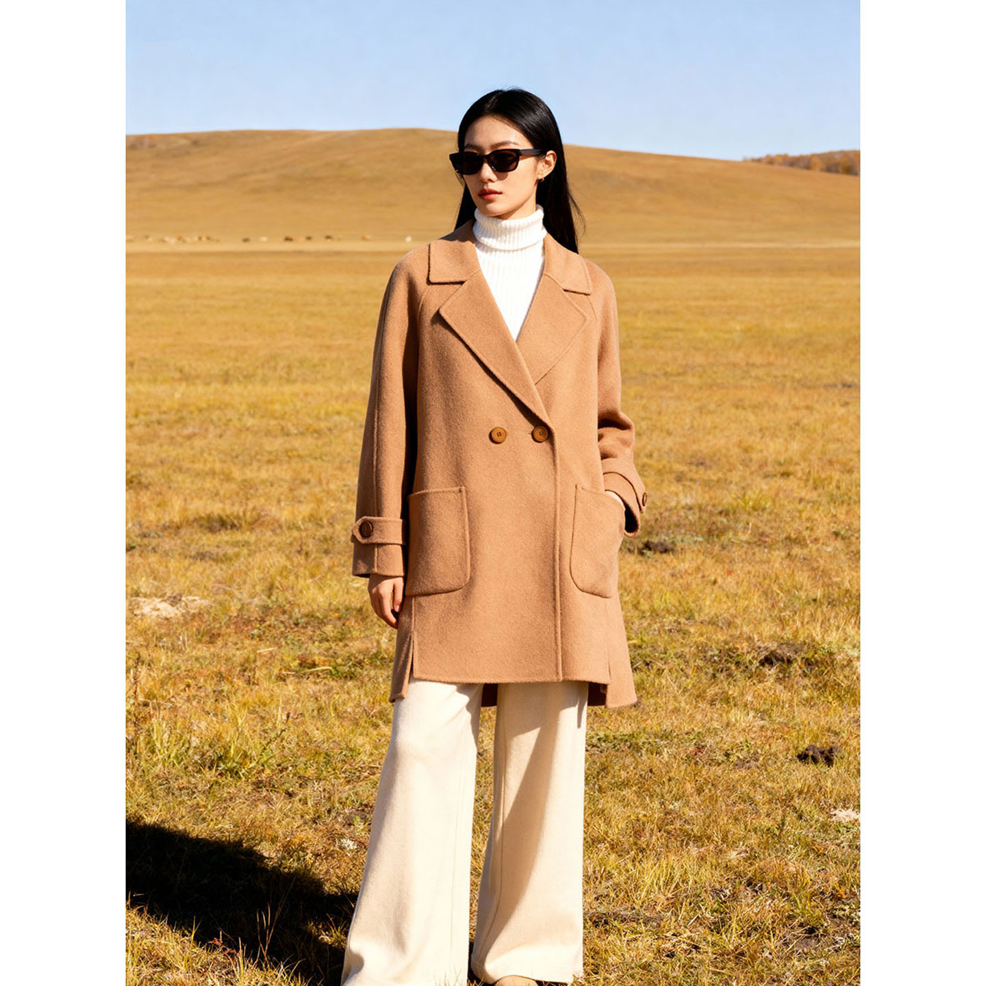 轻奢极简风羊绒大衣女中长款驼色翻领双排扣显瘦外套高级感LQ