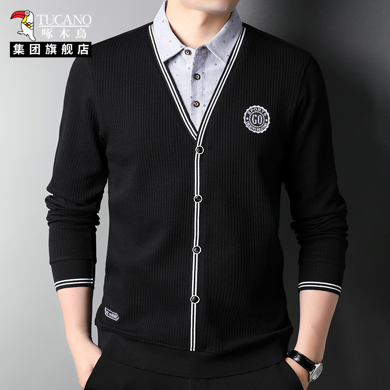 啄木鸟假两件衬衫领针织衫男