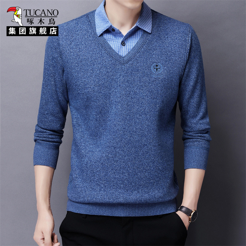 啄木鸟新款假两件针织衫V领卫衣