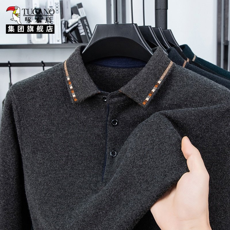 啄木鸟羊毛衫男士冬季翻领毛衣男款中年爸爸装针织POLO衫长袖T恤