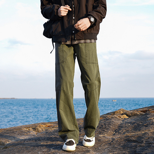啄木鸟集团官方美式复古军绿色直筒工装裤男生多口袋休闲长裤子TZ