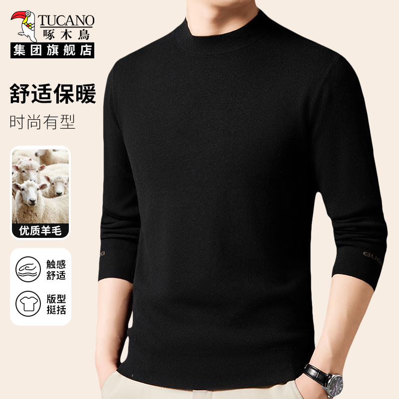 啄木鸟男士毛衣2025冬季新款圆领长袖t恤针织衫爸爸装男款打底衫