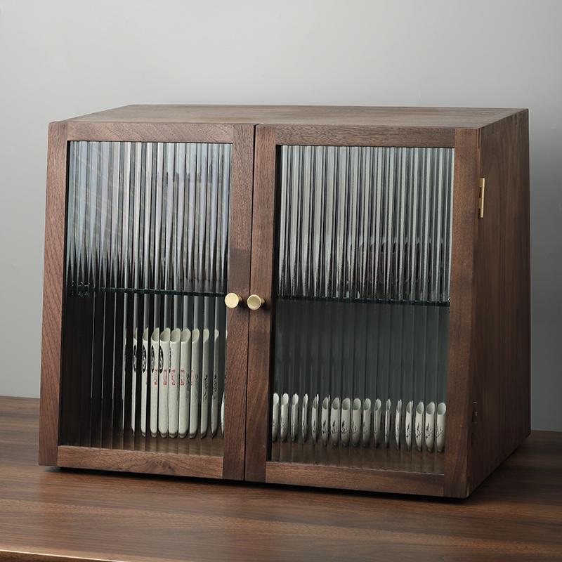 实木桌面收纳柜复古茶水杯子x茶具收纳置物架木质餐边柜黑胡桃碗