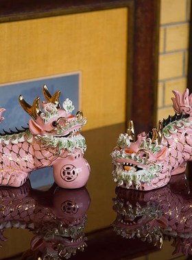 新中式美学招财吉祥精致粉色x陶瓷小麒麟中古可爱玄关软装摆件一