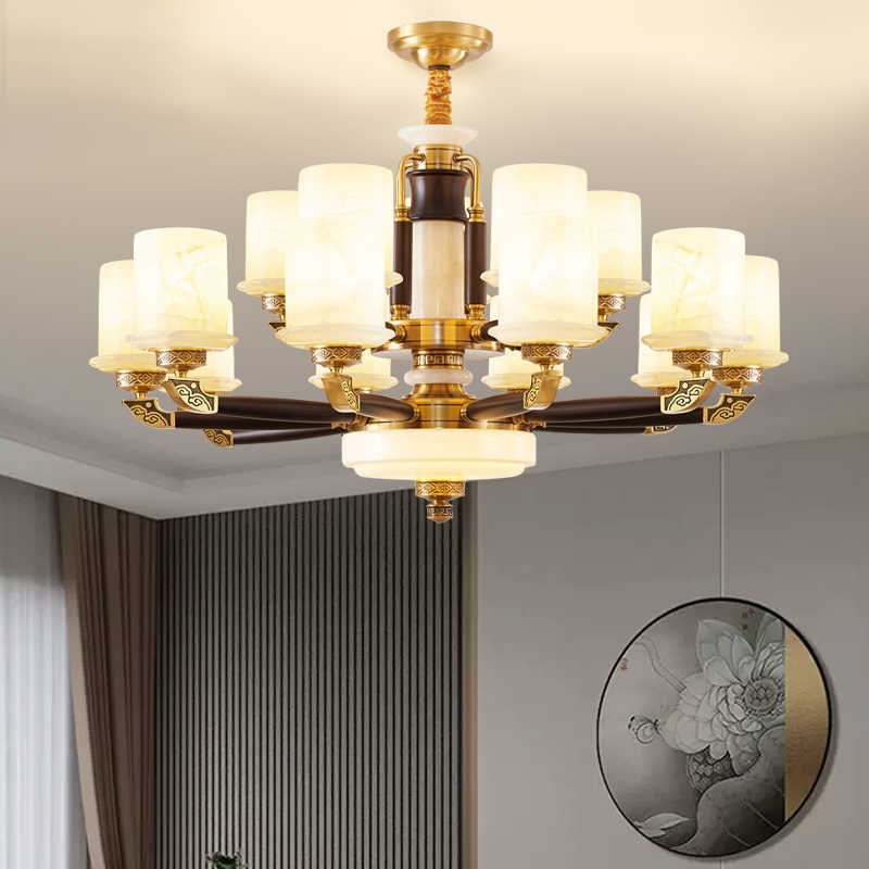 全铜新中式客厅吊灯乌金木复式楼中楼别墅大N厅主灯餐厅灯具中山