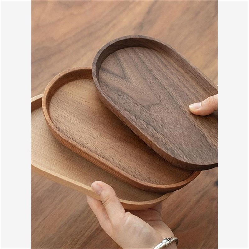 日式木质椭圆形托盘 实木餐盘黑胡桃F木下午茶咖啡托盘精致小托盘