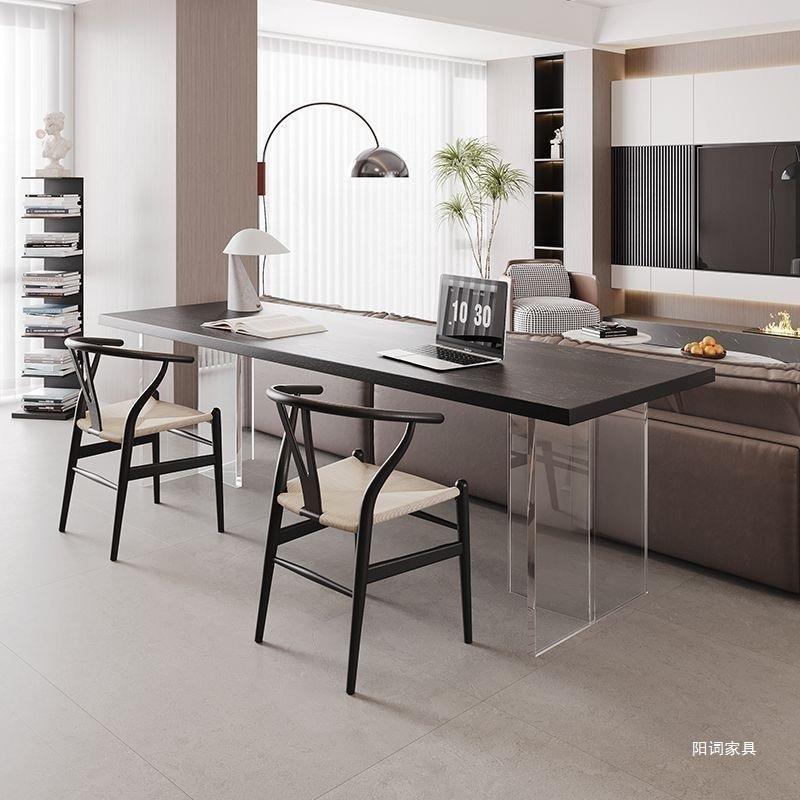 黑色实木书桌横厅沙发后长条桌亚克力悬浮双人学习桌极简电脑桌子