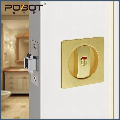 圆形移门锁金色带指示嵌入式卫生间移门勾锁木门趟门方形推拉门锁