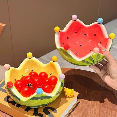 陶瓷西瓜水果碗带叉子家用客厅茶几水果盘碗创意可爱不锈钢叉套装