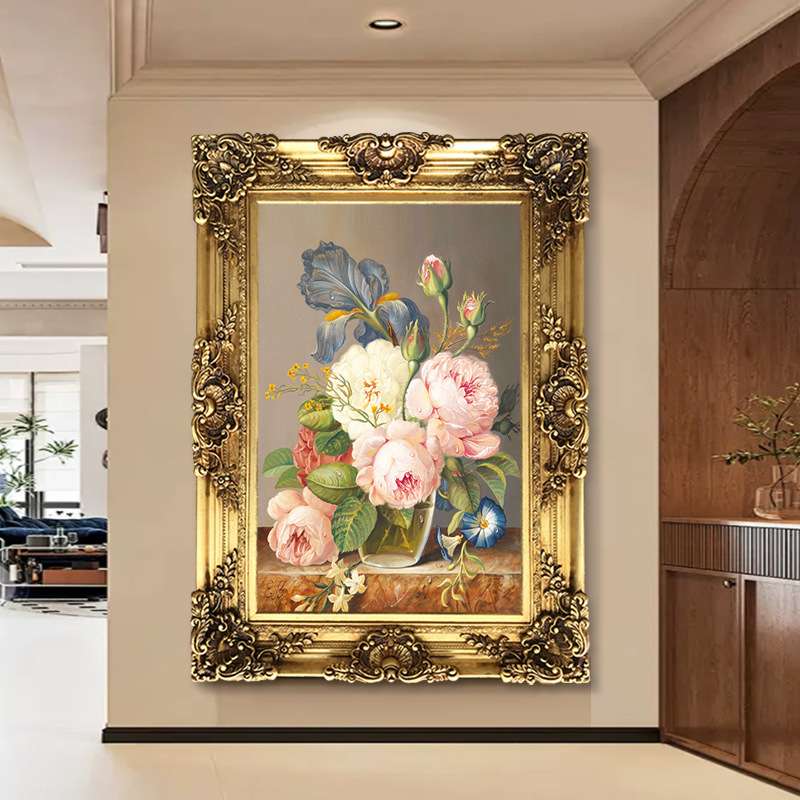 欧式牡丹花油画轻奢美式花卉玄关客厅挂画餐厅卧室花开富贵装饰画图片