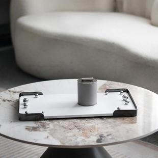 轻奢皮质长方形托盘摆件样板间展厅金属珠点收纳盘设计师软装 饰品